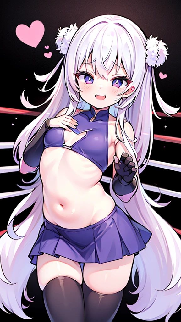 Cute girl with skirt belly punch in the corner of the ring,((masterpiece)),long hair,beautiful white skin、 ((charming))、happy smile、perfect proportions、(((Kickboxing)))、(((Mixed wrestling))), cute woman, baby face, BREAK source_anime, high detail, looking at viewer,POV, large chest, best quality, highly detailed, young face, white background,Droopy eyes,relaxed face,she attacks,frilly skirt,heart hair ornament