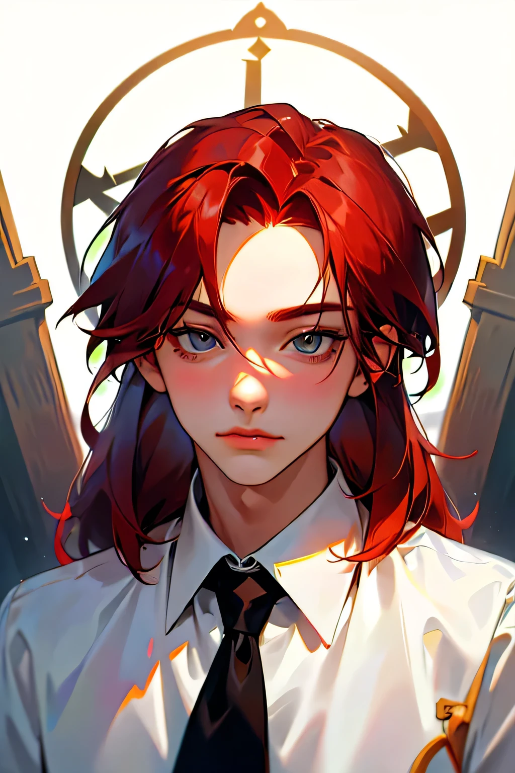 (absurdres, highres, ultra detailed, HDR), masterpiece, best quality, 1boy, solo, handsome, (((red hair))), finely eye and detailed face, forehead, ((loose white shirt)), look at viewer, ear piecing, красивые глаза, шедевр, хорошее качество, надменная улыбка, (((рыжие волосы)), ((рубашка)), синие темные глаза