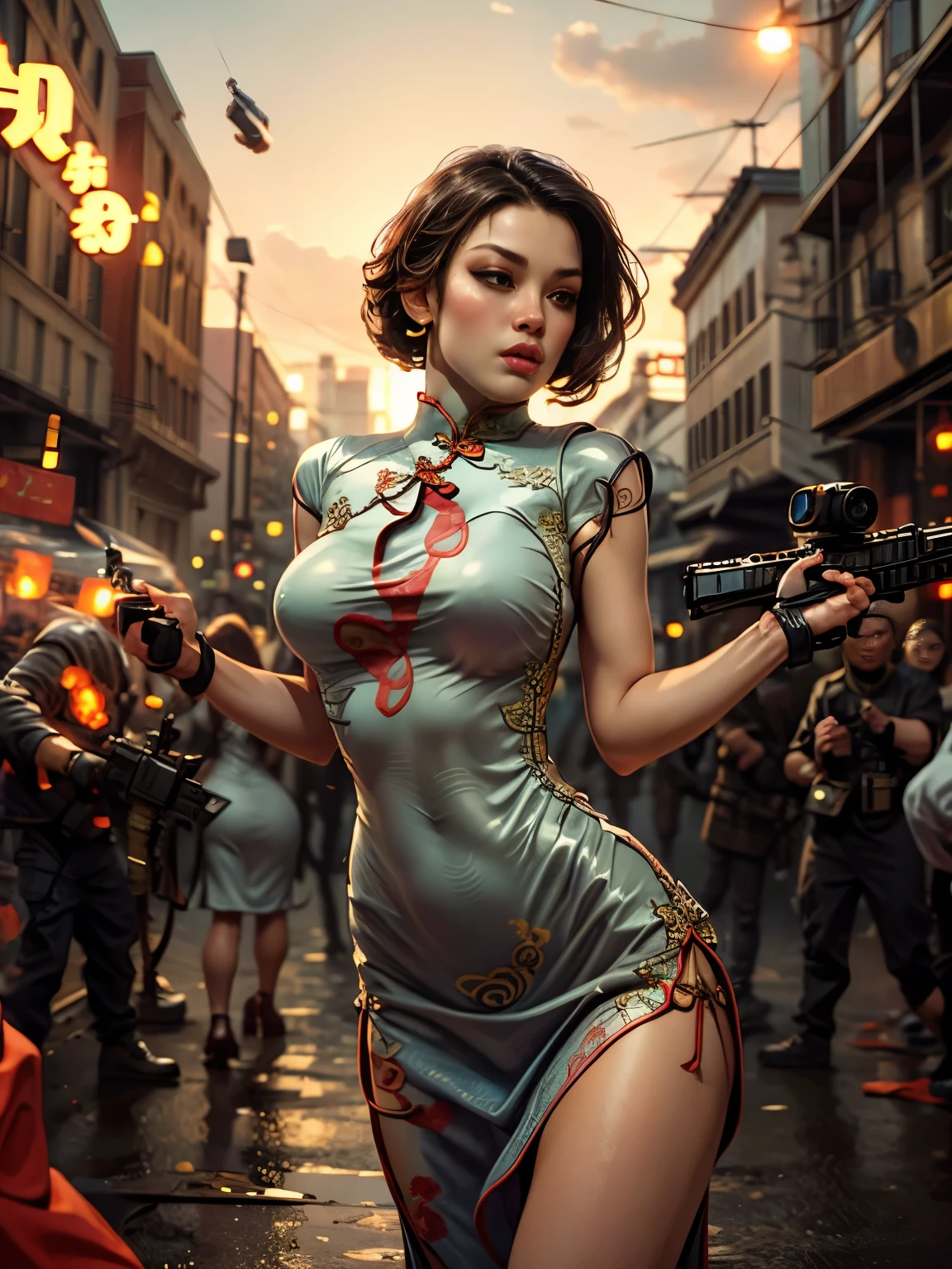 Young beautiful woman_Focused,Big breasts_Big Ass_Robot with long flowing hair((Tight cheongsam dress:1.9)),(Rapid Fire Assault Rifle:1.7),(motion blur effect:1.5),Chaos in the casino,crazy,destroy,(Best quality,4K,8K,high resolution,masterpiece:1.2),Ultra Detailed,(reality,reality感,reality感:1.37),Detailed facial features,Intricate clothing patterns,Striking pose,Dramatic lighting,Film composition,Vibrant colors,And the dystopian atmosphere,assault rifle