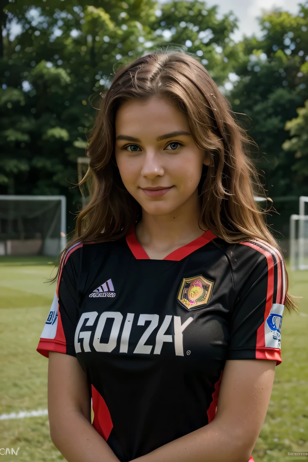 woman, wearing a soccer jersey red with a little black,maillot de foot rouge sur le buste et le ventre rayure noir sur le bras et l'épaule, in a soccer field, sur un terrain de foot, portant une vareuse de l'équipe nationnal belge de football, smiling, skin texture, a striking 22-year-old American model with light brown hair , medium-high brest, wavy hair, 172 height, full body photo, veronika bielik, cute face, belgian girlfriend, blonde and attractive features, attractive girl, looks into the camera, symmetrical eyes, symmetrical face, photorealistic, photography, path tracing, specular lighting, volumetric.. looks into the camera, symmetrical eyes, symmetrical face, photorealistic, photography, path tracing, specular lighting, volumetric.., full body picture, full body shoot, perfect hands, soccer jersey, belgian flag