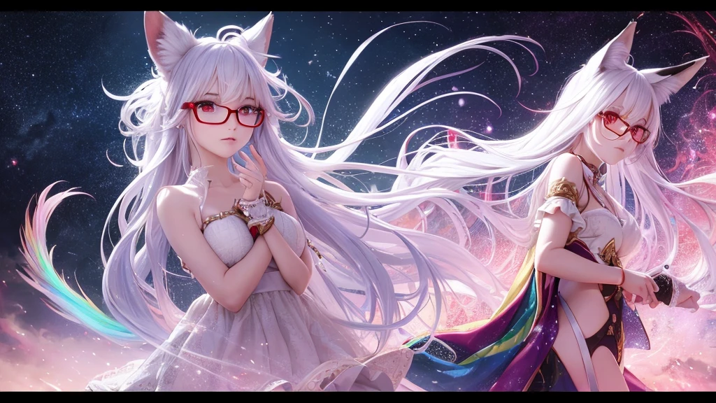 best quality, 8K, original photo, Ridiculous, Extremely detailed, Fox-eared maiden,baby face, No makeup, Provocative expressions,slim, Perfect proportion, White straight hair, (wind, wind-effect), Red Eyes, Various visual styles for backgrounds,combines various artistic elements,like a sparkling iridescent rainbow,Fox tail,Lace dress,wearing glasses