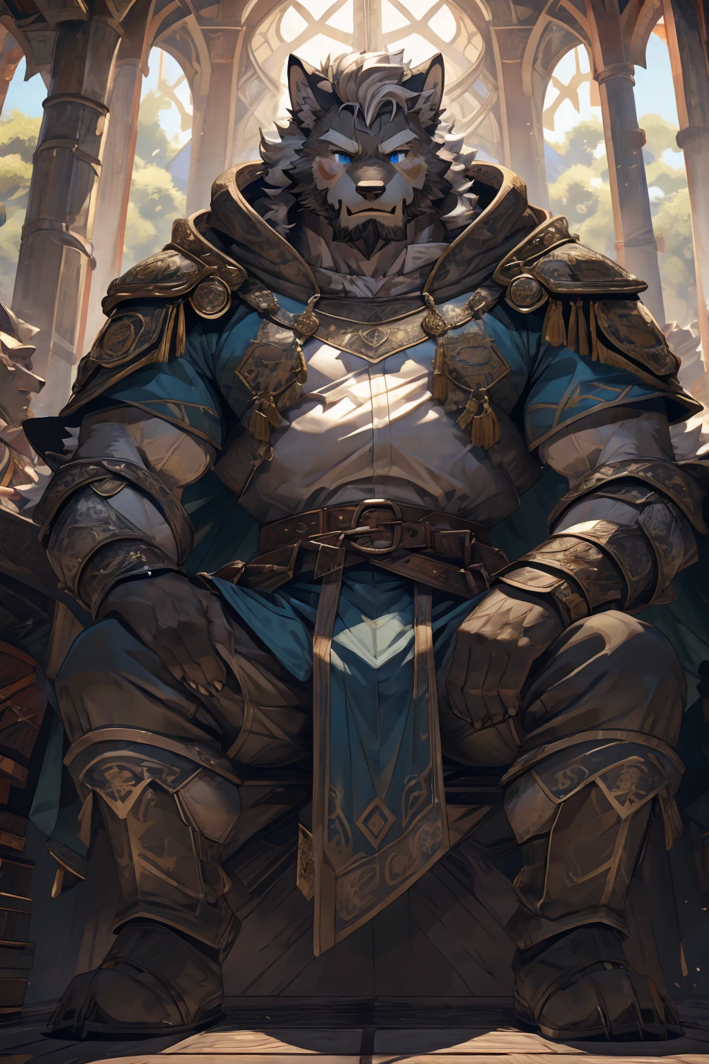 (Light black and white haired dog orc),(Open military uniform),look up,Great posture,Kneeling on the ground,(背景是Military Camp.:1.2),Abdominal muscles,Brave and Valiant,完美的masterpiece,Various facial details,Close-up view,specific description,masterpiece,CG,(blue eyes),Dark grey pattern,Plush gray tail,officer,Malu,Wolf,Dark gray fur,Detailed facial details,whole body,(barefoot),(Long feathers),((middle aged)),(Face Focus),(16K),HD,Gray and white belly,Military Camp,beard,(Facial lines),Heterochromia,(Blue robe),(Gray hair),Strong,muscle,(high resolution:1.3),(Contained),(Blindfold)