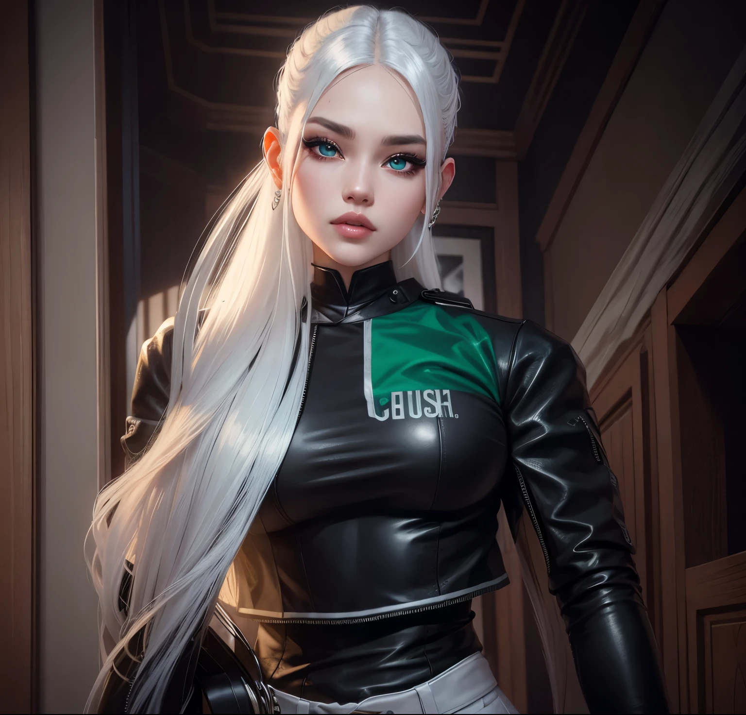 AVATAR SECOND LIFE Korean girl green blouse and leather pants , asiática White hair, White hair, White hair, Perfect and detailed face, imvu, maximalist details, AVATAR SECOND LIFE Korean blouse and pants , neon, White hair, blusa verde