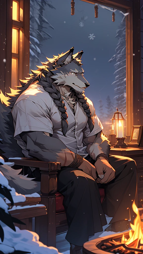 (masterpiece), (photorealistic:1.4), (1boy), (detailed face:1.2), (wolf male:1.5), (old:1.9), (aged), (retired), (muscular build), (gray fur:1.3), (long white beard), (long white braided hair), (loose shirt), (sitting), (resting), (calm expression), (peaceful eyes), (many scars), (scar on face), (scar on body), (indoors), (cold northern region), (room), (fireplace), (fire), (window), (snow outside), (winter), (night), (dim lighting), (cinematic lighting)