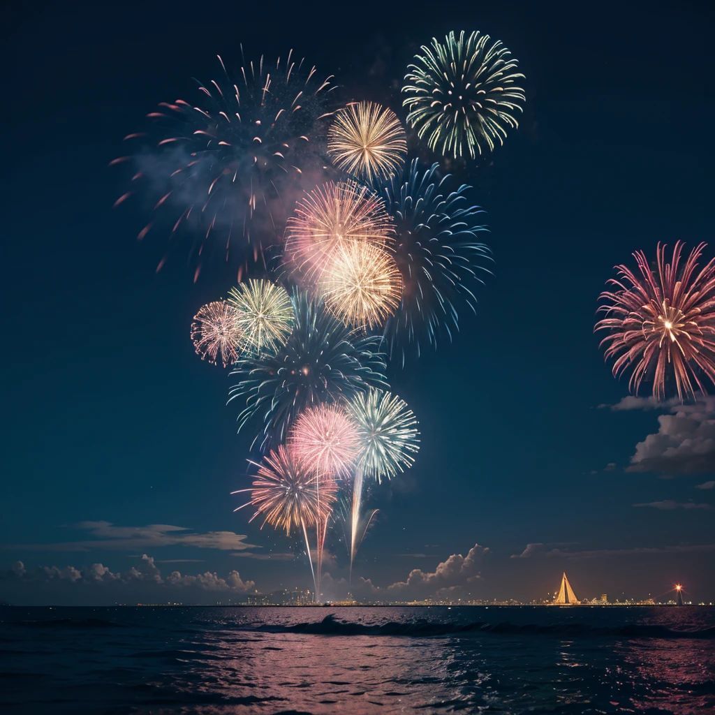 Flamboyant fireworks in the night sky on the beach