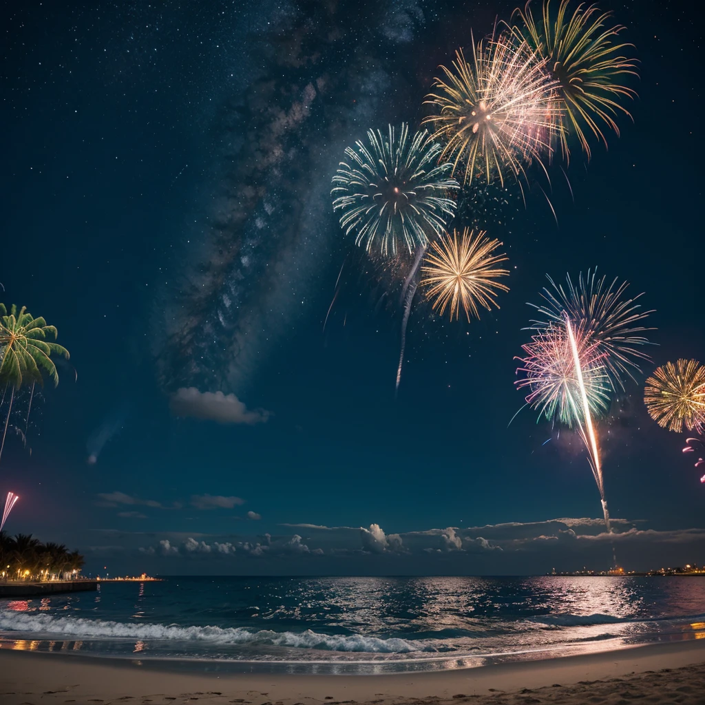 Flamboyant fireworks in the night sky on the beach