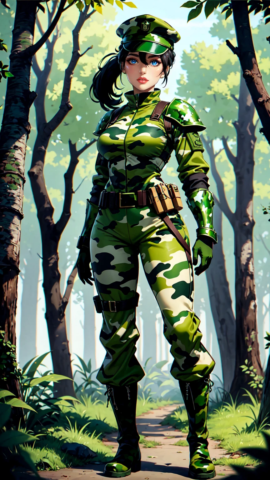 women,Brow Hair, Ponytail,brown eyes, waering green cap,Oliv green Body Armor,Oliv green Camouflage Uniform, Camouglage Trousers, Black longboots, standing in the Forest