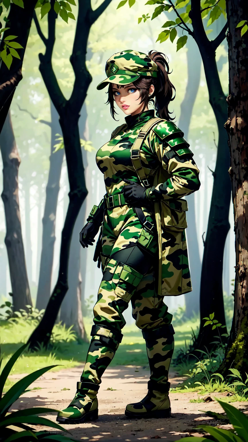 women,Brow Hair, Ponytail,brown eyes, waering green cap,Oliv green Body Armor,Oliv green Camouflage Uniform, Camouglage Trousers, Black longboots, standing in the Forest