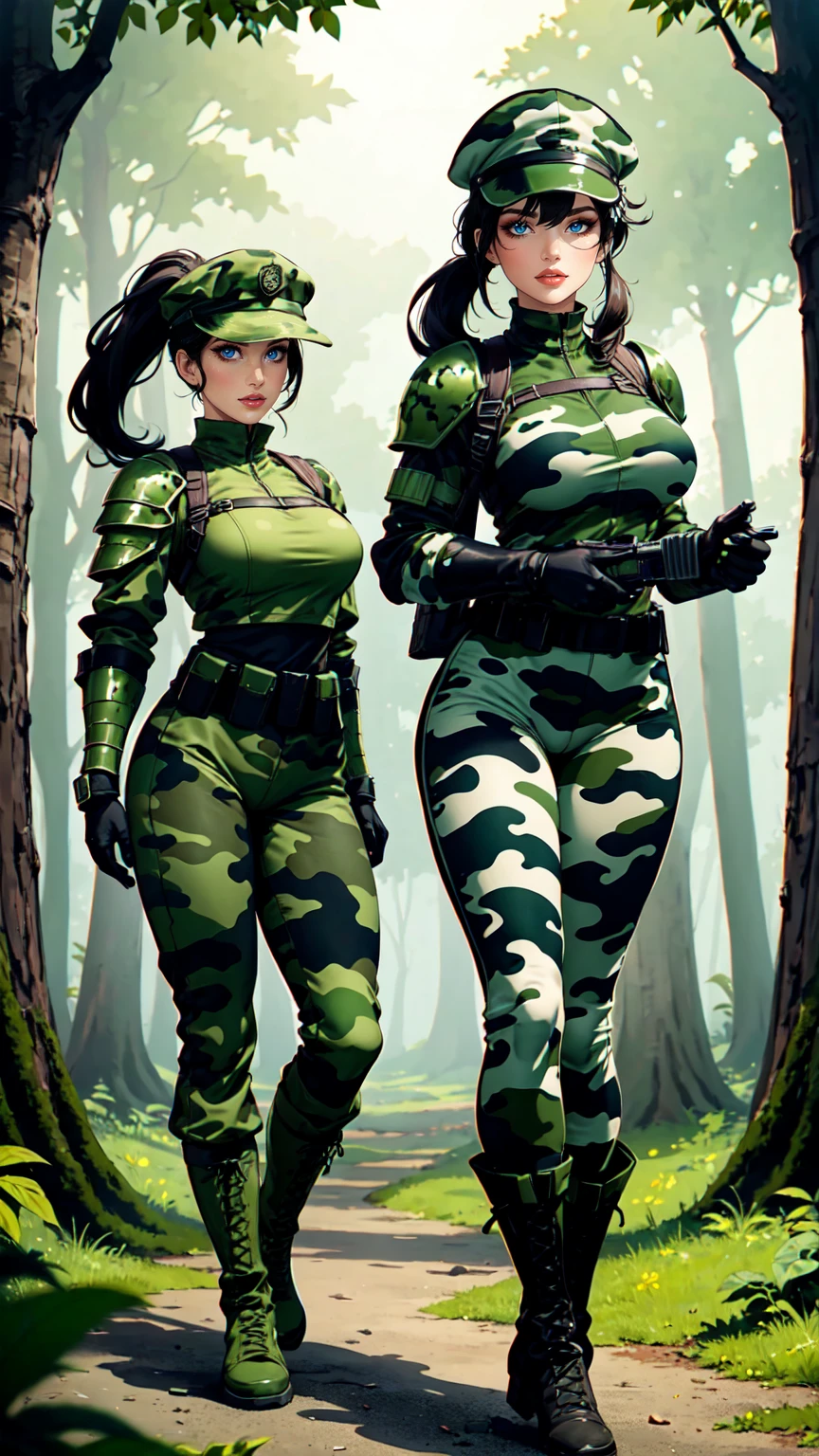 women,Brow Hair, Ponytail,brown eyes, waering green cap,Oliv green Body Armor,Oliv green Camouflage Uniform, Camouglage Trousers, Black longboots, standing in the Forest