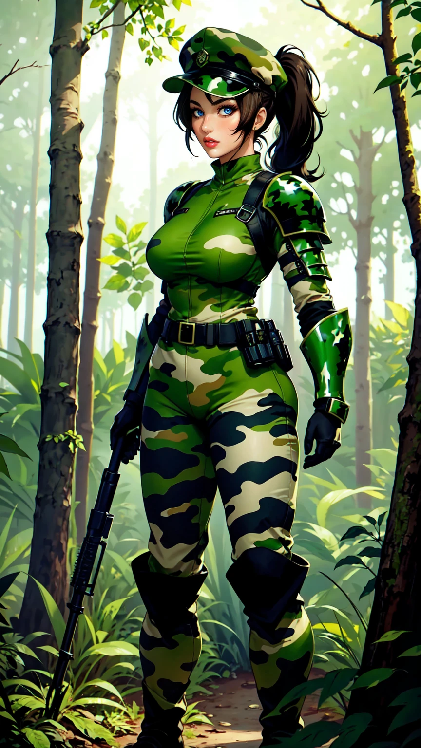 women,Brow Hair, Ponytail,brown eyes, waering green cap,Oliv green Body Armor,Oliv green Camouflage Uniform, Camouglage Trousers, Black longboots, standing in the Forest