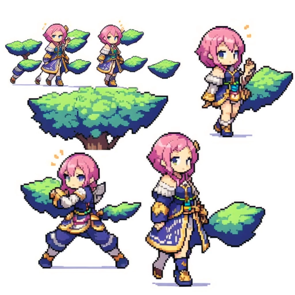 the very same person character chips , masterpiece ,  6 poses (put out one's left foot , put out one's right foot , 2 front-facing poses , 2 back poses),best quality , pixel , pixel art , xiangsu , xiang su , sequence frames  ,  walking , 1 girl , fantasy clothes , full body , white background , heroine , sexy , chibi  , Highly Exposed , pink clothes , pink hair , walking frame