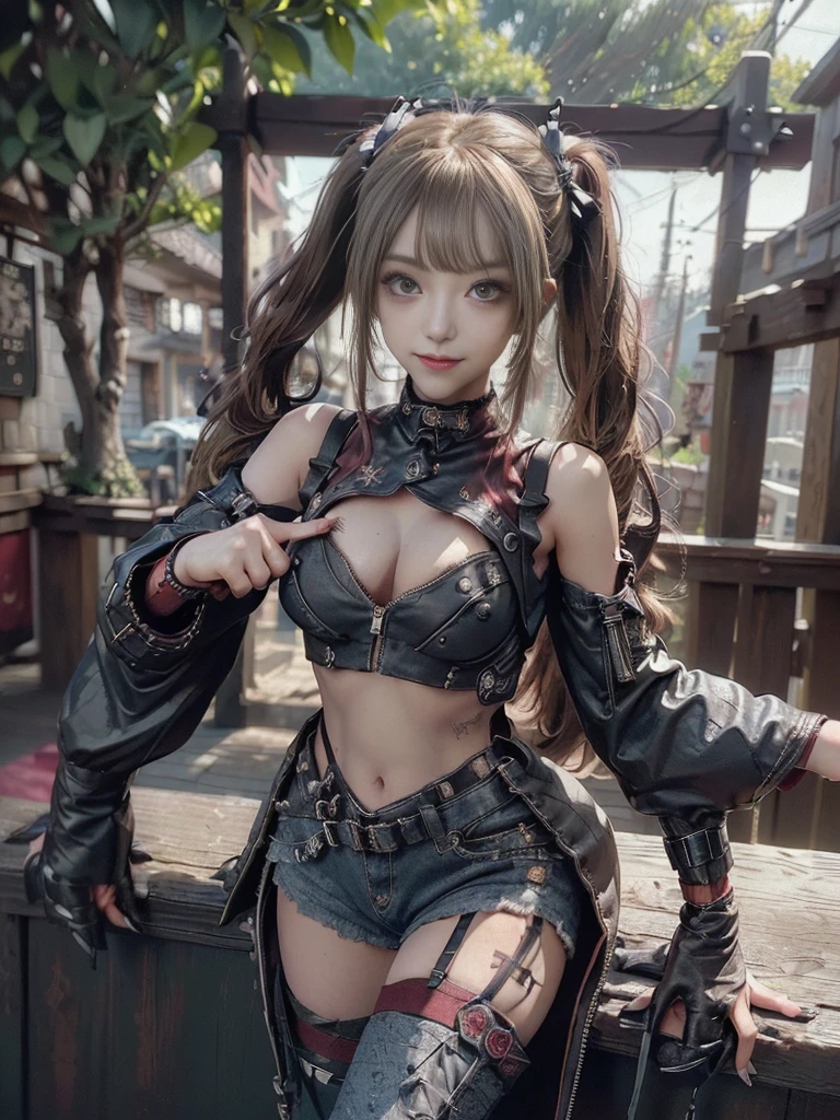 (Full body:1.4)、(Full Body View:1.4)、(Side view:1.1)、(Smiling with teeth showing:1.3),(Shibuya Gal:1.5)、(Beautiful:1.5)、(Punk RockVisual Kei:1.4)、(Burgundy denim with khaki and brown medieval tattered zip up:1.5)、(Wine red arm covers and tattered bugle pants:1.5)、(Wine red high heels:1.3)、(Wearing silver accessories:1.5)、(Dark brown collar:1.4)、(Leather garter belt:1.4)、(Red skin belt:1.3)、(Red lace underwear:1.5)、20-year-old、NSFW、((Highest quality、In 8K、masterpiece:1.3))、Sharp focus:1.2、(Layered Cut、Huge boobs:1.1),Beautiful woman with perfect figure:1.4、(Doing an aerobics pose:1.3)、Slender Abs:1.2、Highly detailed face and skin texture、Detailed eyes、double eyelid,(Twin tails:1.3)、(Brown-golden hair:1.3)、Gravure idol、(A fairytale-like cafe with a lush tree background:1.3)、(Slim body:1.3),(Make your legs thinner:1.4),(Thin, thin thighs:1.3)、(clavicle:1.1)
