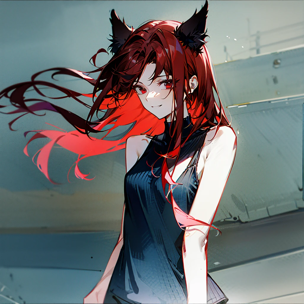 1girl、Illustrations where the face is clearly visible、Composition from the shoulders up、high resolution、High Quality、smile、Hairstyle with a long neckline、Red mesh hair、Wolf Ears、Black tank top、Hand holding a skeleton microphone、Fewer fingers、Less arms、Facing forward、