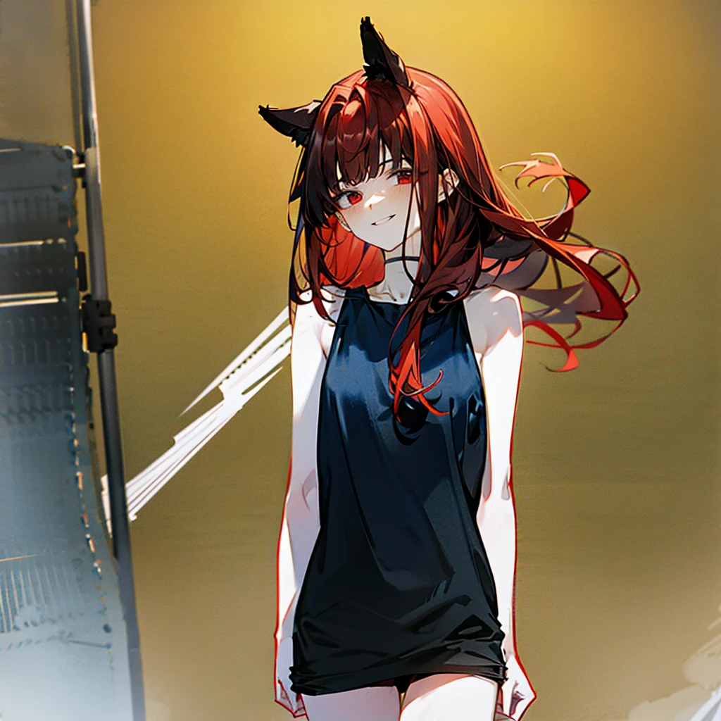 1girl、Illustrations where the face is clearly visible、Composition from the shoulders up、high resolution、High Quality、smile、Hairstyle with a long neckline、Red mesh hair、Wolf Ears、Black tank top、Hand holding a skeleton microphone、Fewer fingers、Less arms、Facing forward、