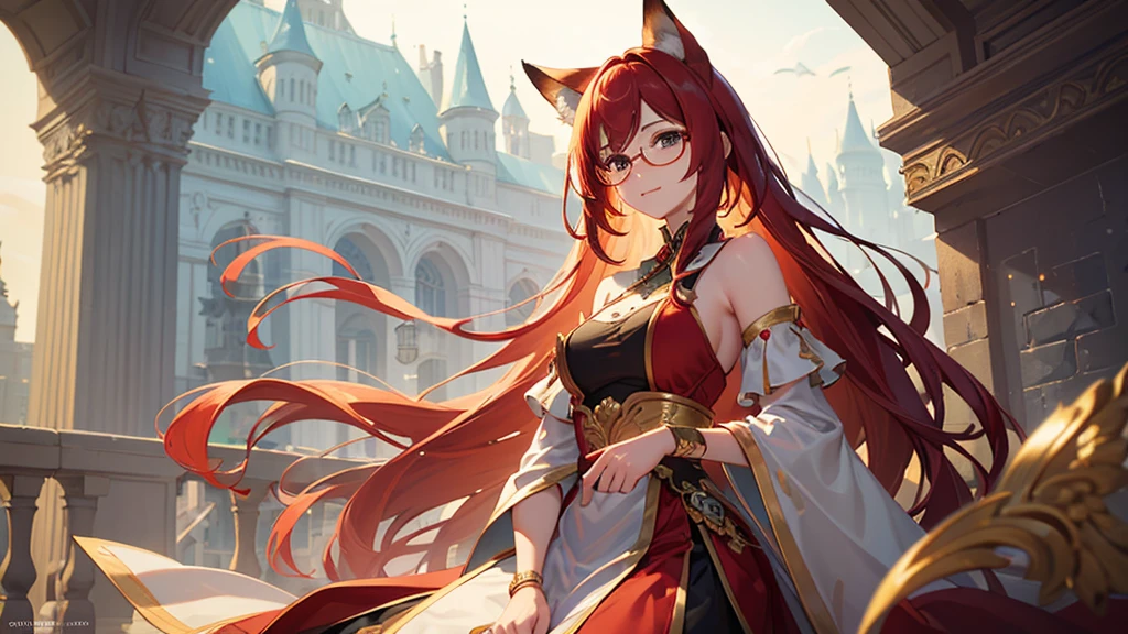 ((Best quality)), ((masterpiece)), (detailed), best quality,8K,original photo,This is a perfect face,Red Fox Maiden,touch fox,Castle Background, Liveliness. Carefree happy joy bokeh background. Quiet aesthetics. Soft lighting. Artistic Lighting. Gold frame glasses