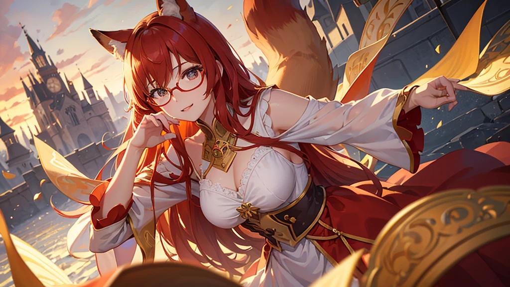 ((Best quality)), ((masterpiece)), (detailed), best quality,8K,original photo,This is a perfect face,Red Fox Maiden,touch fox,Castle Background, Liveliness. Carefree happy joy bokeh background. Quiet aesthetics. Soft lighting. Artistic Lighting. Gold frame glasses