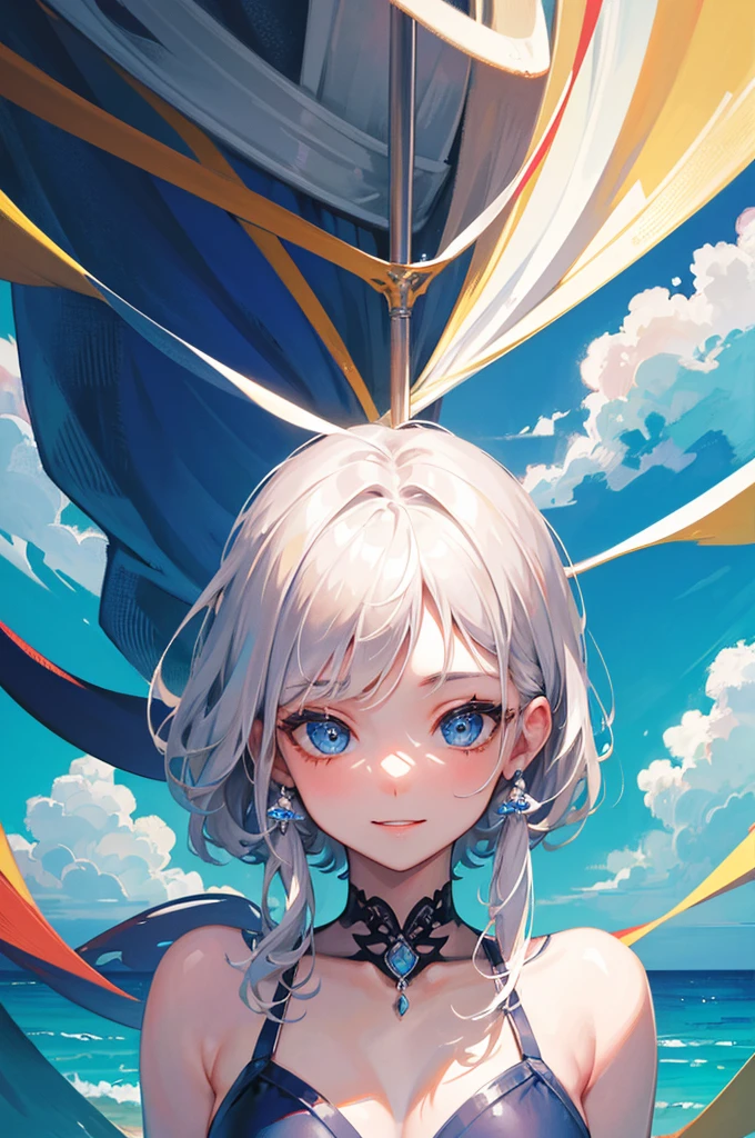 one side up、8K, Highest quality, masterpiece, Ultra-detailed、One-sided up hair、one side up、Silver Hair、Medium hair 、one side up、full lips、Blue Eyes、18Year-old beauty、Portrait、School、smile、Ocean、Sandy Beach、Swimwear、Random facial expressions、Beachside
