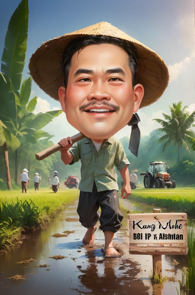 cartoon man walking in a muddy field with Bring a hoe,  black hair, With a wooden plank stuck in front of him, caricature illustration, farmer, caricature style, japanesse farmer, cartoon portrait, caricature, cartoon digital painting, caricature!!!, south east asian with round face, cartoon artstyle, potrait, cartoon digital art, digital cartoon painting art, do hoang tuong artwork, big head