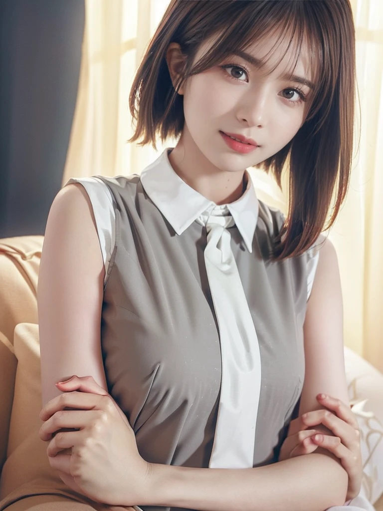 (Very detailedな CG Unity 8k 壁紙, Highest quality, Very detailed, Looking into the camera:1.2, The light shines on your face:1.5, Gray background, Professional Lighting), Japanese women, 26 years old, Brightly lit upper body composition of a face. She has an oval face, Soft arched eyebrows, bright expressive eyes,,, pronounced nose, And a friendly smile. Her hair is shoulder-length, straight, Dyed a pale chestnut color. She is wearing a smart casual blouse, Probably soft colors, Pair it with a chic blazer, Embody her lively and sociable personality