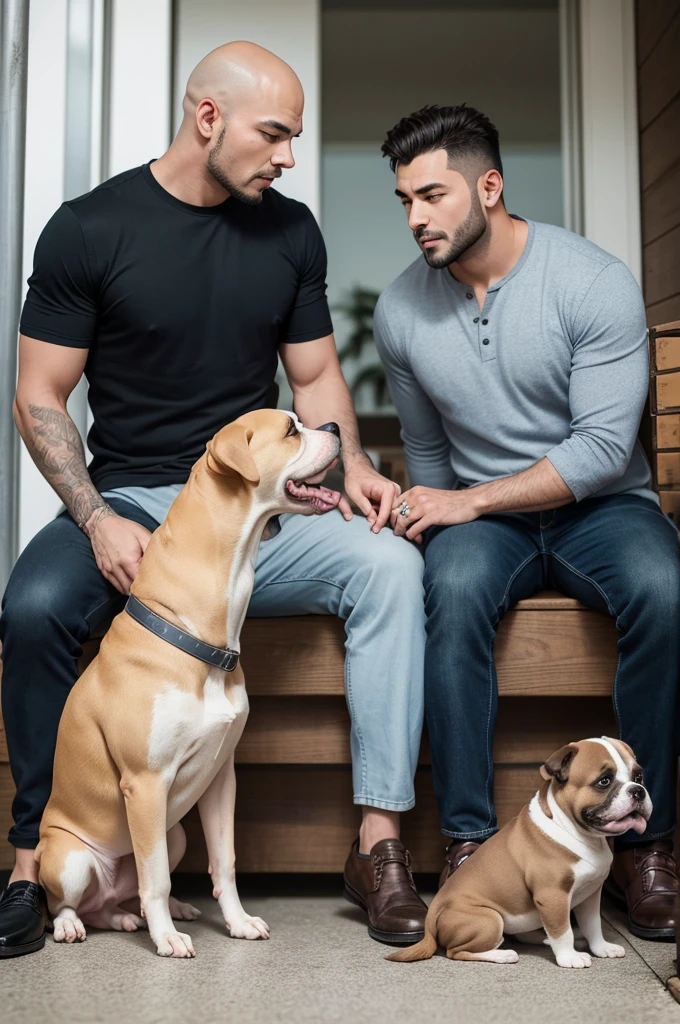 Image of a man sitting with 1 pit bull dog on his right side and another Pekingese dog on his left side