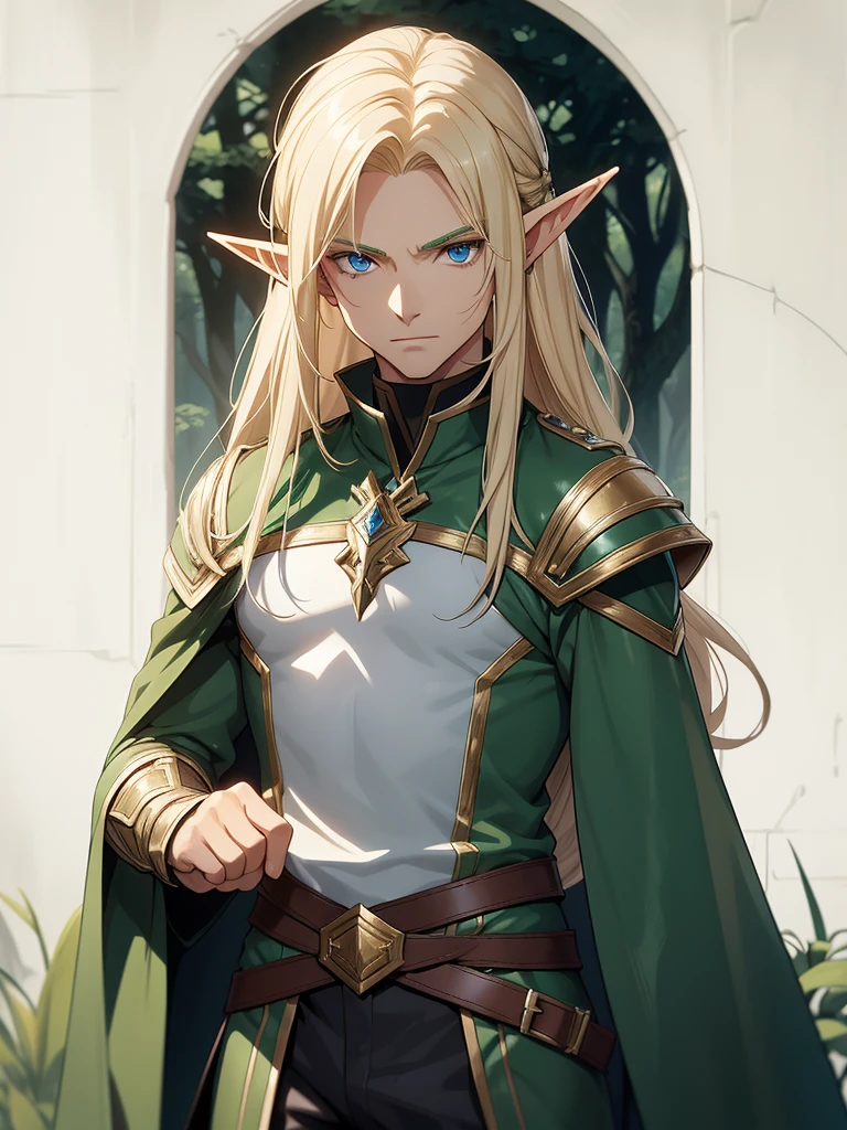 A male elf that possesses flowing blonde hair and striking blue eyes, typical of his elven heritage. He dresses in supple, forest-green leather armor crafted for agility and stealth, complemented by dark trousers and sturdy boots that allow him to move swiftly through the dense underbrush of Evershade Forest.