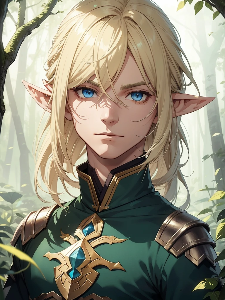 A male elf that possesses flowing blonde hair and striking blue eyes, typical of his elven heritage. He dresses in supple, forest-green leather armor crafted for agility and stealth, complemented by dark trousers and sturdy boots that allow him to move swiftly through the dense underbrush of Evershade Forest.