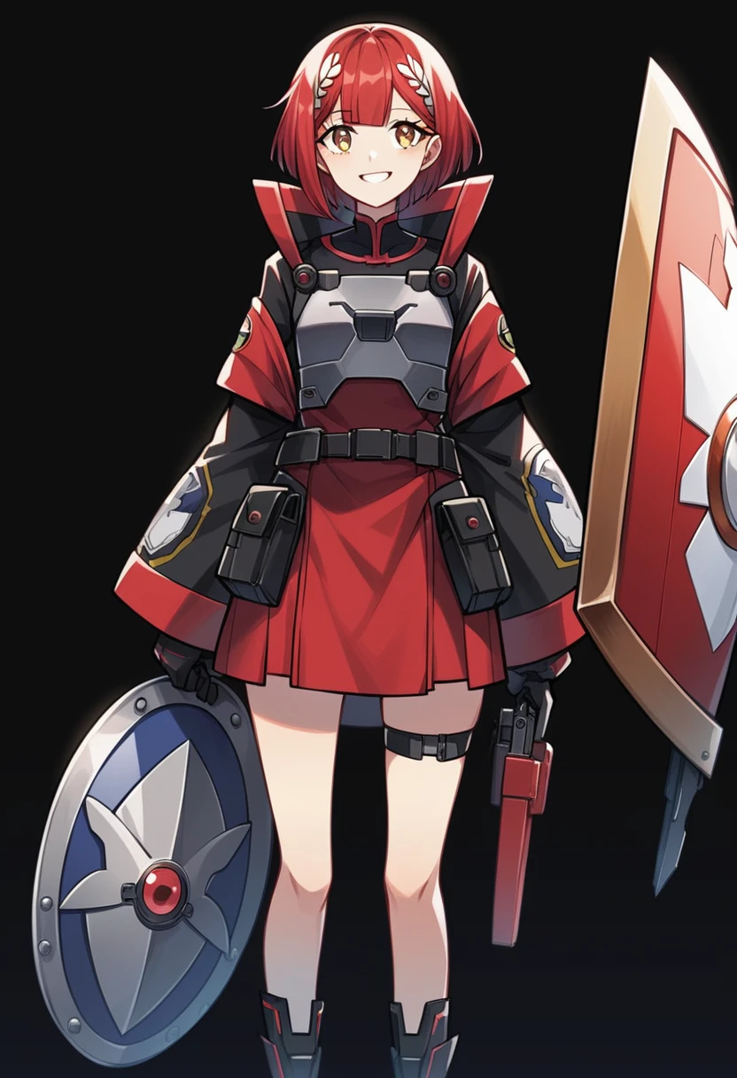Anime-style woman in black and red outfit holding large shield, Cyberpunk Anime Girl Mecha, Wearing technical clothing, Amazing anime 8k, From Girls Frontline, Mechanized Soldier Girl, Special Assault Team, special forces, M4 Sopmod II Girls Frontline, Official character art, Kashert Kenz, Kshat Garland, ((short length red hair)), innocent, cute, smiling, ((black background)), ((simple background)), ((holding super large shield)), ((Shield as tall as the owner's height)), ((small chest)), ((black long botoms))