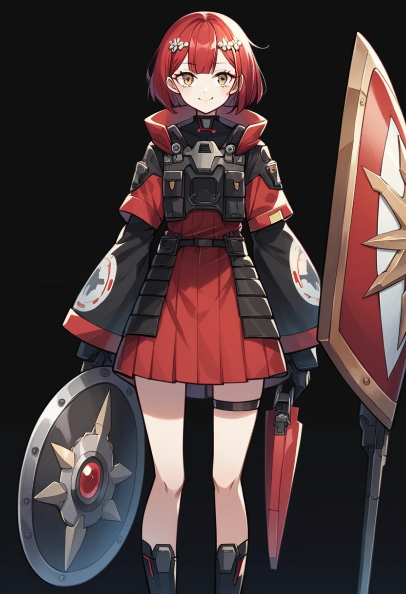 Anime-style woman in black and red outfit holding large shield, Cyberpunk Anime Girl Mecha, Wearing technical clothing, Amazing anime 8k, From Girls Frontline, Mechanized Soldier Girl, Special Assault Team, special forces, M4 Sopmod II Girls Frontline, Official character art, Kashert Kenz, Kshat Garland, ((short length red hair)), innocent, cute, smiling, ((black background)), ((simple background)), ((holding super large shield)), ((Shield as tall as the owner's height)), ((small chest)), ((black long botoms))