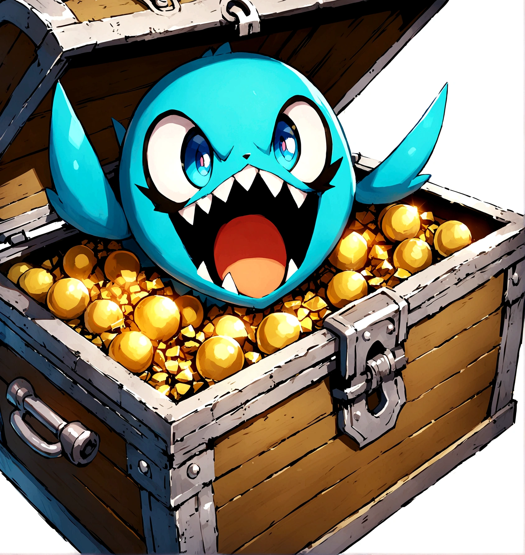 solo, open mouth, blue eyes, simple background, white background, pokemon \(creature\), treasure chest