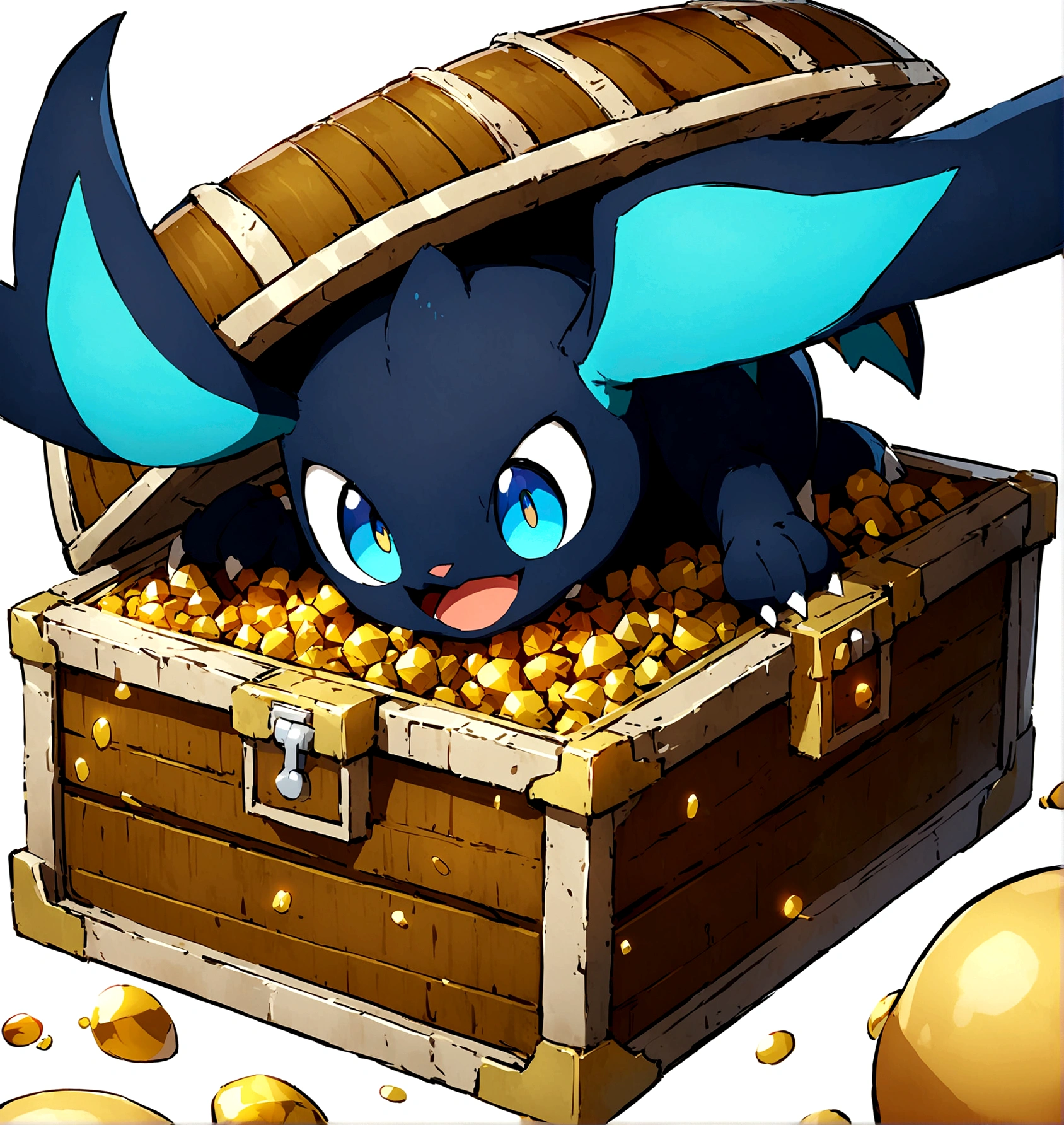 solo, open mouth, blue eyes, simple background, white background, pokemon \(creature\), treasure chest