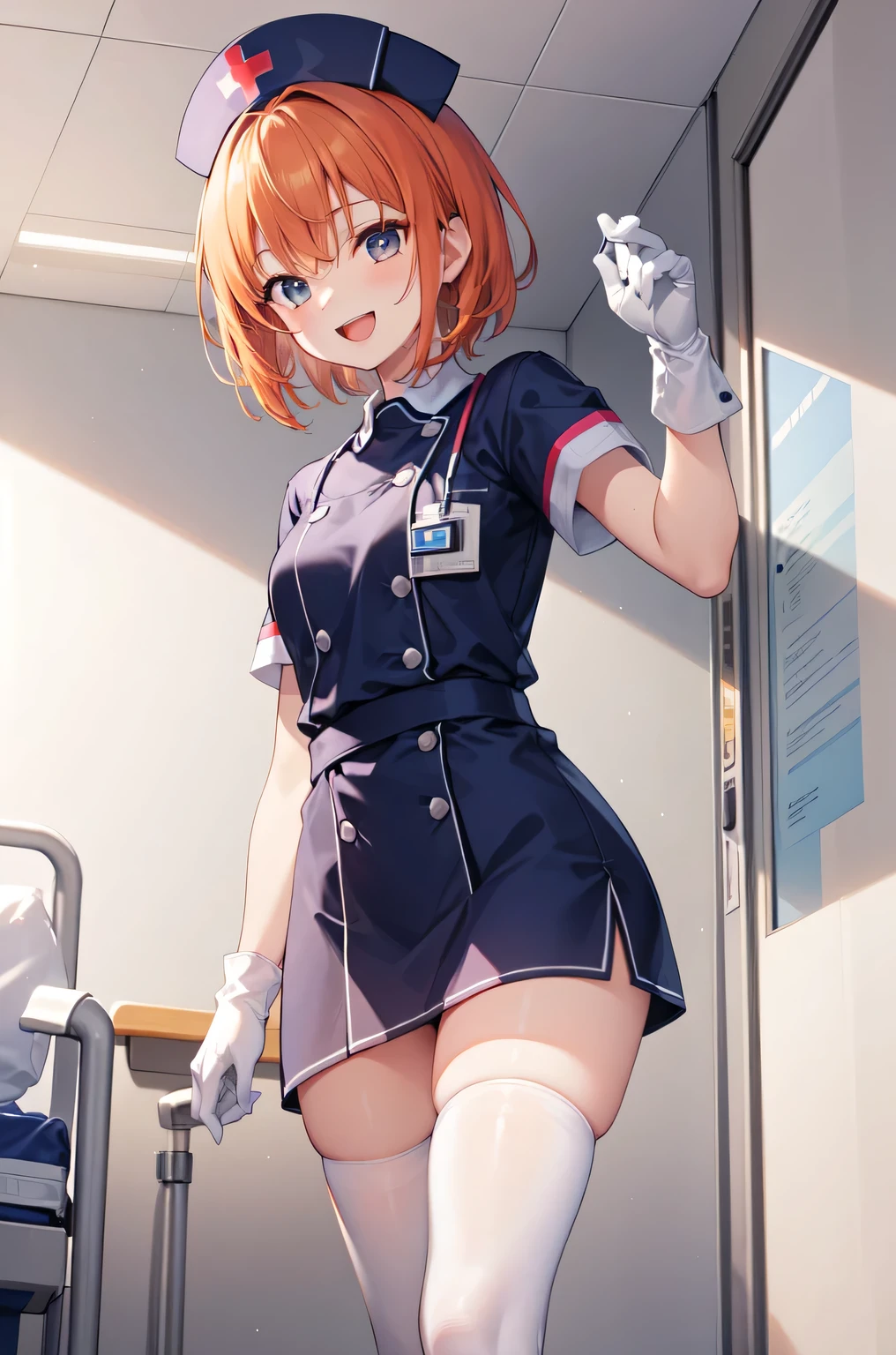 1girl, solo, nurse, nurse cap, white nurse uniform, ((white legwear, zettai ryouiki)), white gloves, very short hair, orange hair, smile, open mouth, standing, ((hospital room)), sharp outline, short sleeves, tomboy, boyish, best quality, masterpiece
