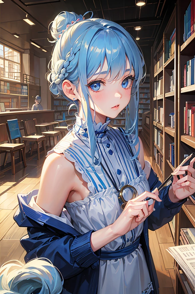 8K, Highest quality, masterpiece, Ultra-detailed、Light blue hair、Medium hair 、double hair buns、double hair buns、full lips、Blue Eyes、18Year-old beauty、Portrait、library、Off-the-shoulder knit、Shorts、Library、Random facial expressions