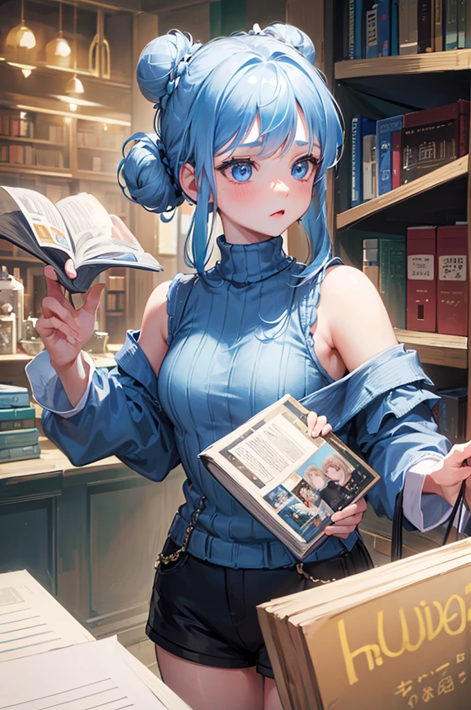 8K, Highest quality, masterpiece, Ultra-detailed、Light blue hair、Medium hair 、double hair buns、double hair buns、full lips、Blue Eyes、18Year-old beauty、Portrait、library、Off-the-shoulder knit、Shorts、Library、Random facial expressions