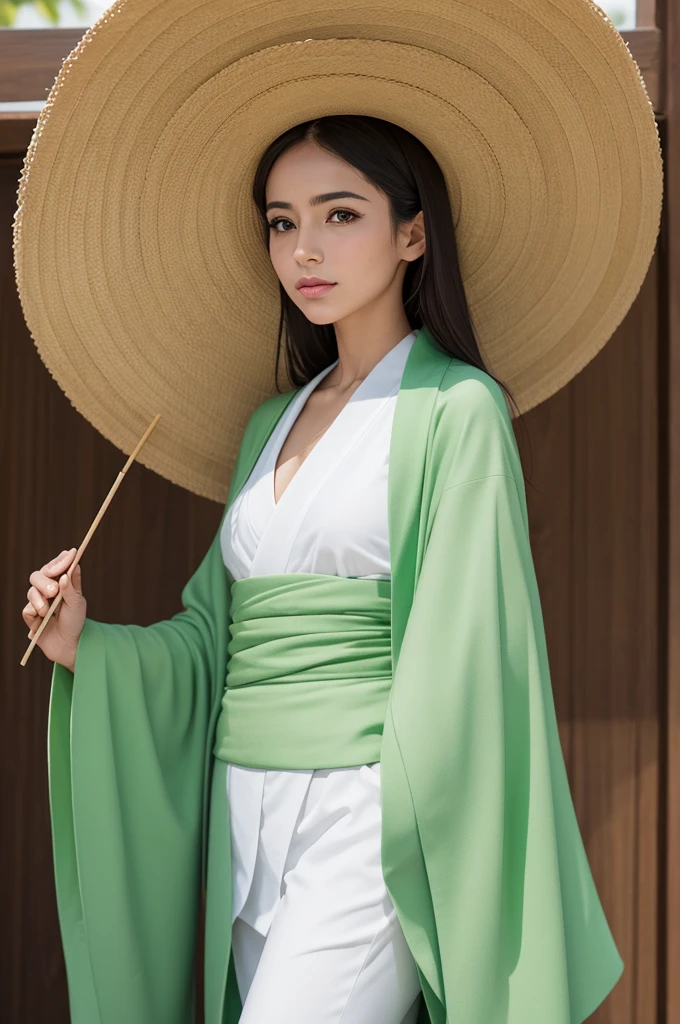 1. Start by drawing a green caquito.
2. right away, add a white kimono over the caquito.
3. Por fim, place a straw hat on the top of the caquito.