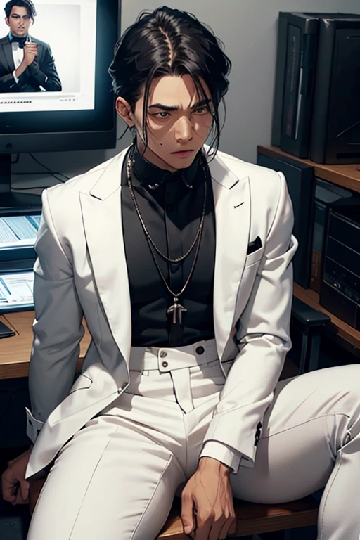 slave man, neck shackles, White skin, suffering, white shirt black pants, black tie, hairstyle hair, sitting in an office looking in front of a monitor, a speech bubble where it says successes, with thick chains.