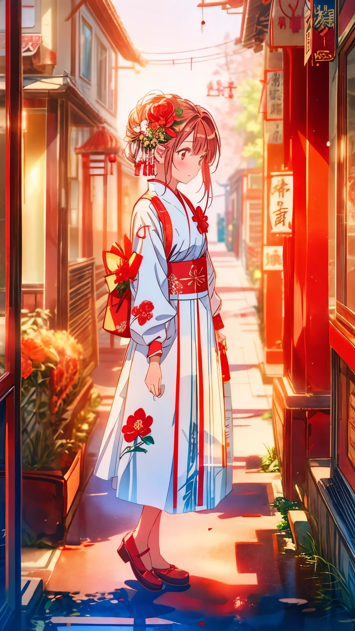girl stands in a red flower surrounded street, in the style of chinese cultural themes, romantic and nostalgic themes, panasonic lumix s pro 50mm f/1.4, light white and light amber, transparent/translucent medium, elegant , embroidery --ar 1:2 --stylize 750 --niji 6