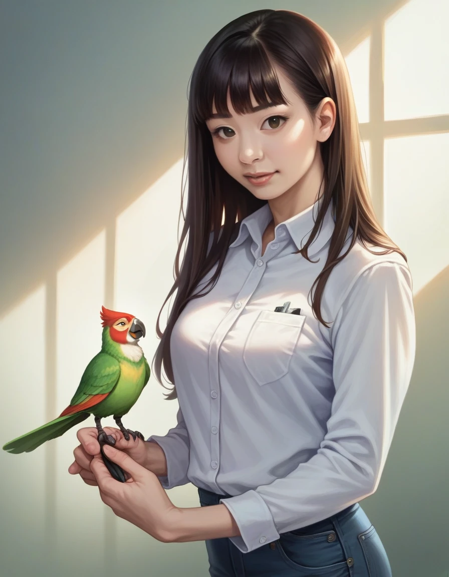 a young asian woman with a malay-like face, wearing a white shirt with abstract black and red patterns, black jeans, holding a green, yellow and red parrot, with a wolf cut hairstyle in the korean style, realistic, professional photography, high quality, HD, bright lighting, high resolution, photorealistic