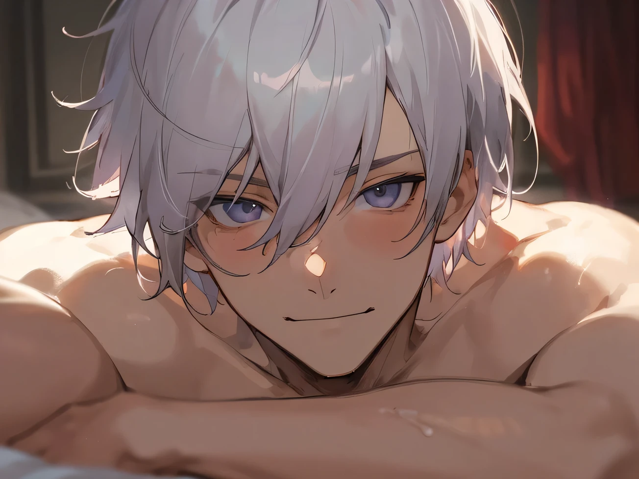 masterpiece,naked,aldult.,male,Handsome,Cool vibe,I,Silver-haired,mash,Gloomy mood(Masseter muscle area,Viewer Perspective,Upper Body,Face close-up,Horny,Wicked Smile,Yandere atmosphere light,Hotel room bed