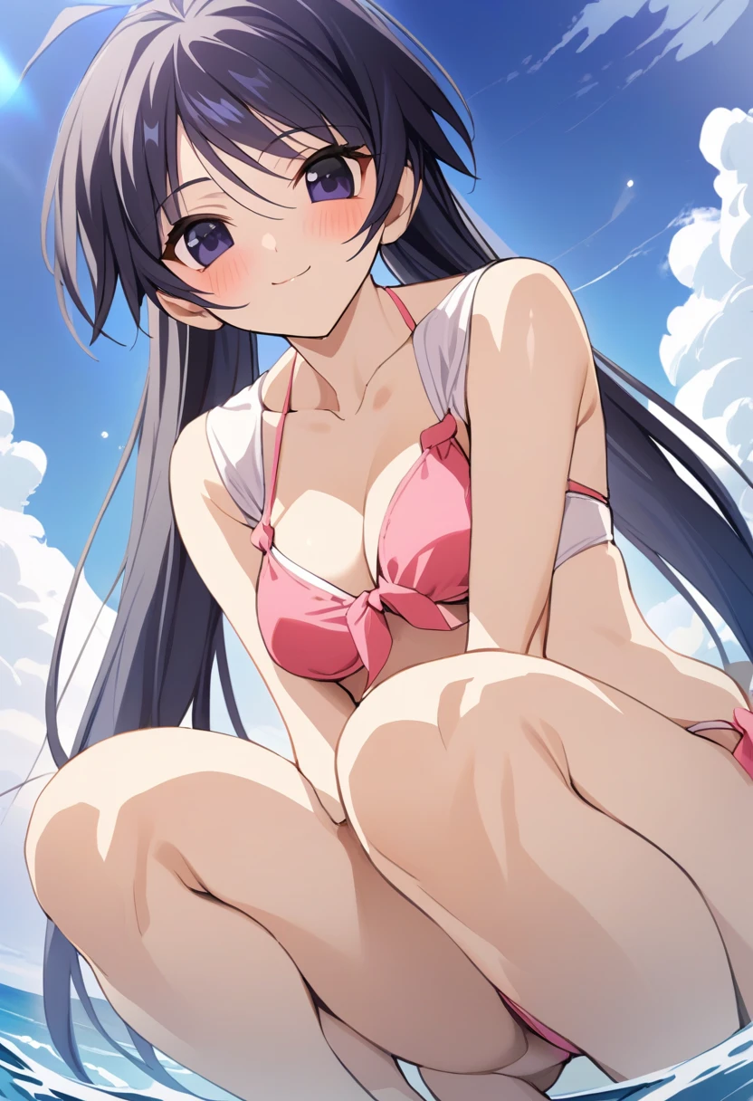 One girl,((takano)),smile、Gentle expression、Tempting、The whole body is shown、Sandy Beach、Ocean、blue sky、squatting、Cute pink string bikini,from below,A complete depiction of the human body,masterpiece, Highest quality, Game CG, ultra detailed、highres、extremely detailed CG