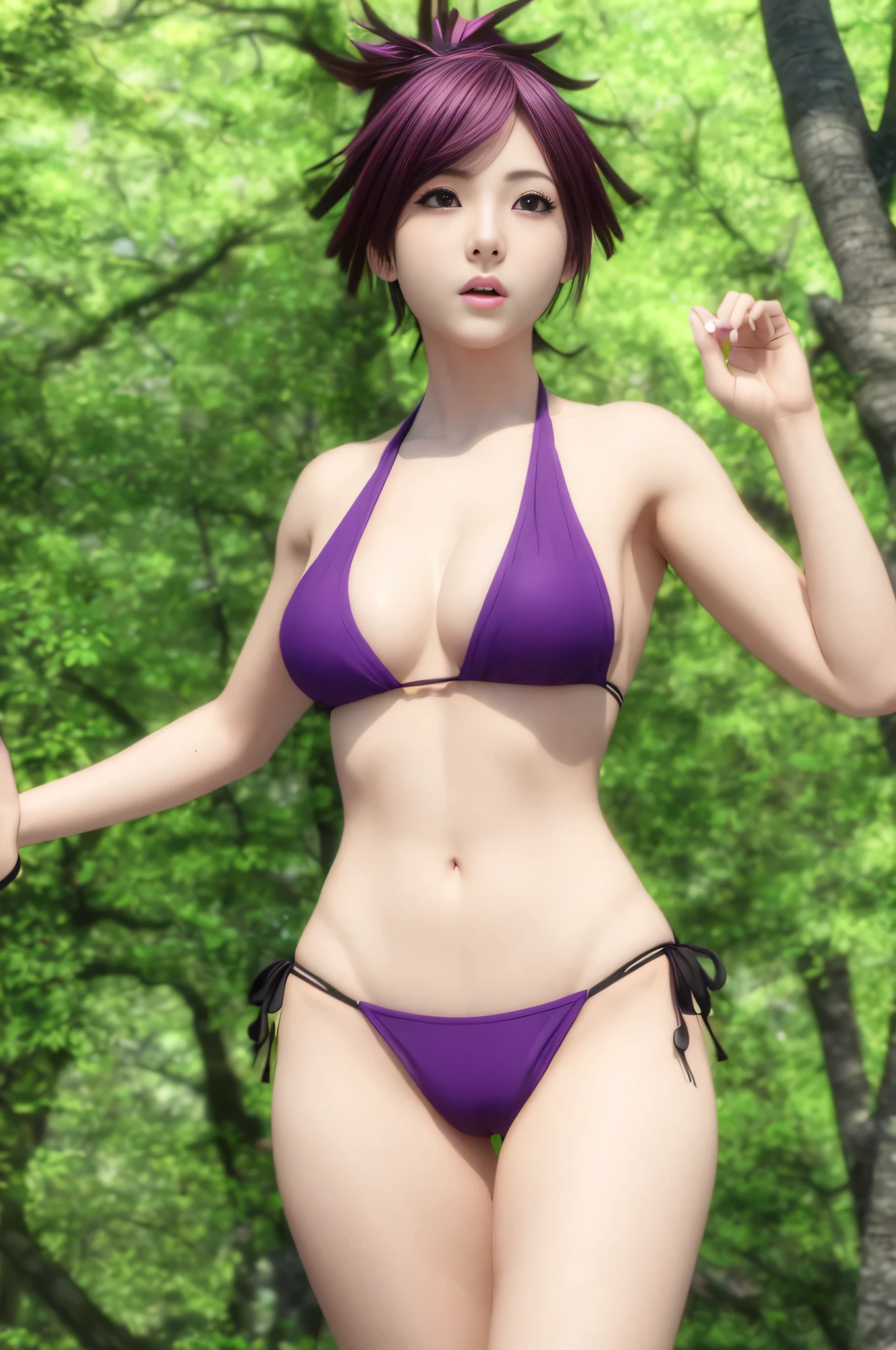 Anime girl in bikini posing in the forest, solo, Anime Rush John 8k Forest, Highly detailed Altjam, attractive anime girl, official Anime yet, Enchanting anime girl, High Resolution Commission, Photorealistic anime girl rendering, Short ponytail purple hair girl, clothing:Bikini Swimwear, Red-eyed girl, Big Breasts, girl with big breasts, Purple Bikini, Wearing a swimsuit, High Resolution Commission, (in a trianglebikini:1.3), Photorealistic anime girl rendering, Anime yet, Anime Moe Art Style, Official Art, Best anime girl, A girl is standing, smile, Young girl anime visuals, Attractive anime girl, Female anime characters, Female focus, shuushuu anime image, Best anime girl, Gwaiz-inspired artwork, Detailed digital anime art, Fully shaded body, Realistic anime 3D style, 美しいAttractive anime girl, Realistic anime art style, Realistic Shade Perfect Body, 