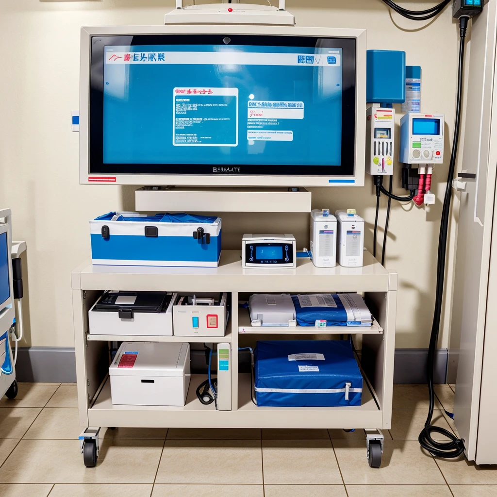 An rectangular big box top contains a adjustable screen ,at the middle need a iv  infusion pump, at the side all vital equipment, another side handrub glove box , another side defibrillator . This is an digital emergency bedside box in hospital ward