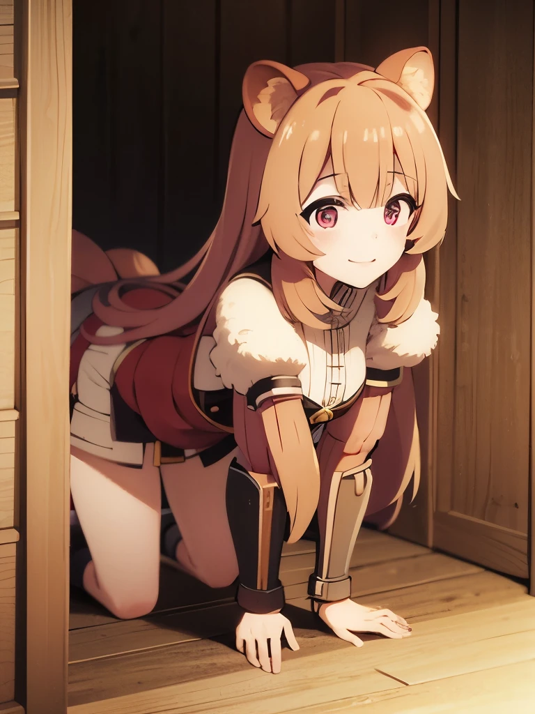 raphtalia, long hair, bangs, brown hair, animal ears, raccoon ears, raccoon tail, raccoon girl, pink eyes, smile mouth, face of happiness, full body