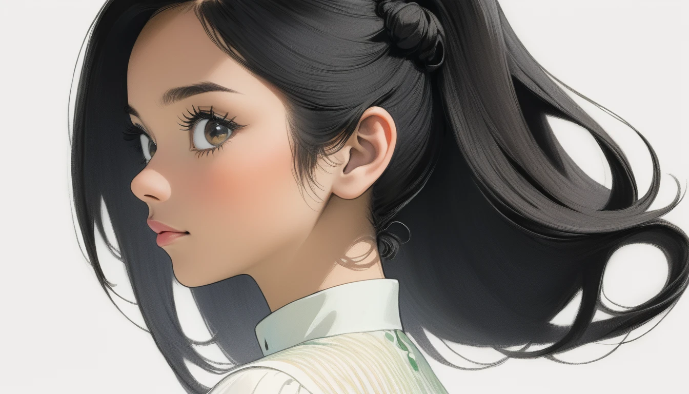 A 25-year-old black-haired Malaysian woman looks up from behind. White background, hair tied above the neck. Colored pencil drawing. white blouse. profile