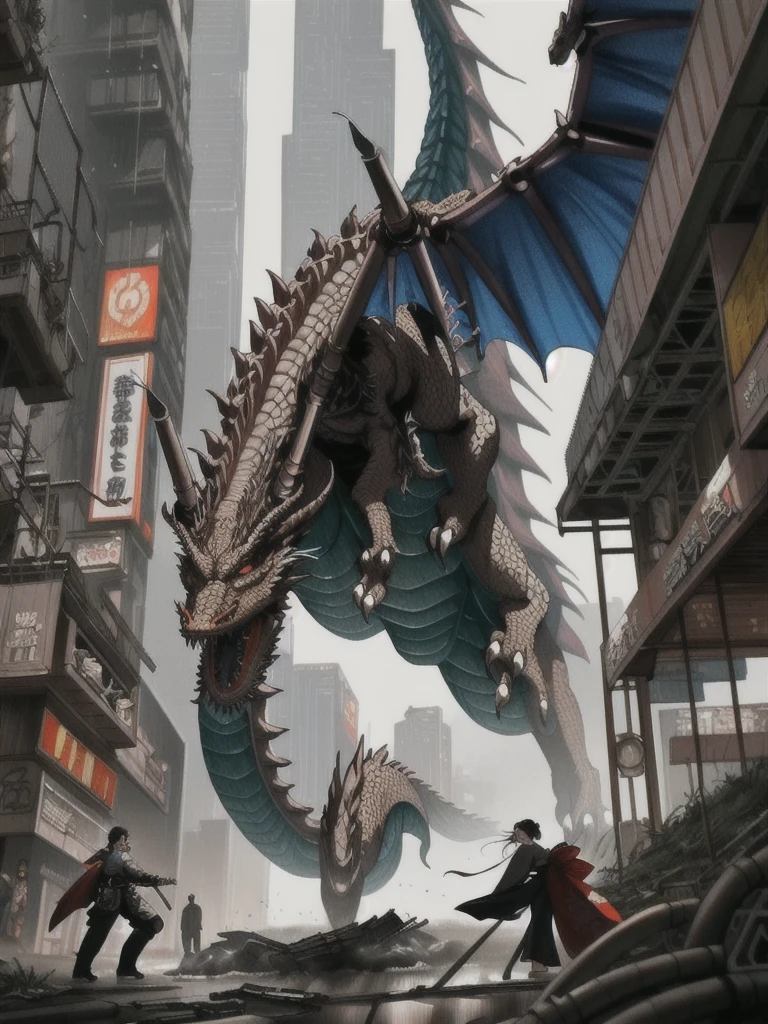 A realistic mechanical dragon destroys the city, dystopia, end of the century, future city, cyberpunk, steampunk, 8k, HD, detailed,Fighting kimono girl