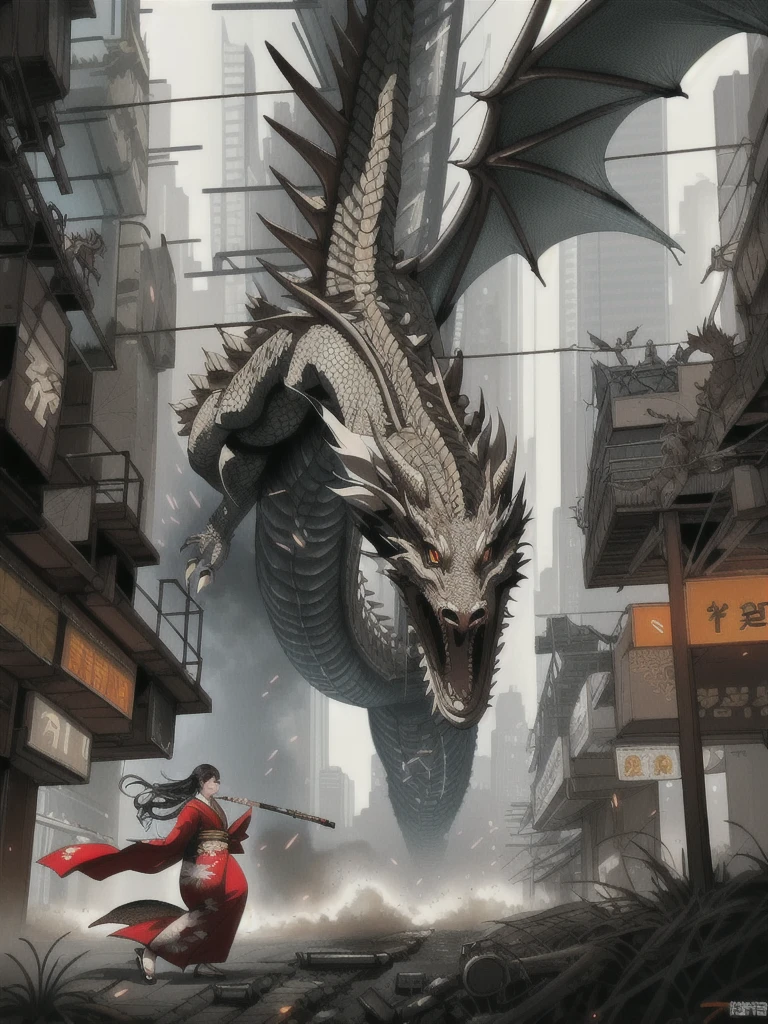 A realistic mechanical dragon destroys the city, dystopia, end of the century, future city, cyberpunk, steampunk, 8k, HD, detailed,Fighting kimono girl