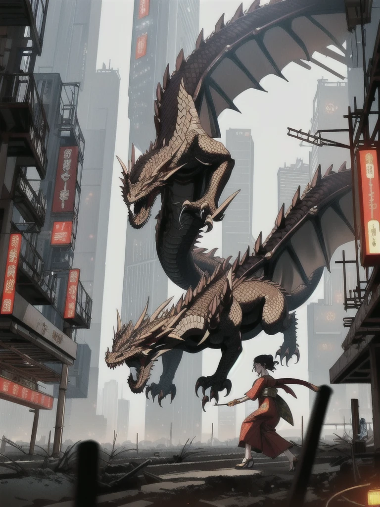 A realistic mechanical dragon destroys the city, dystopia, end of the century, future city, cyberpunk, steampunk, 8k, HD, detailed,Fighting kimono girl