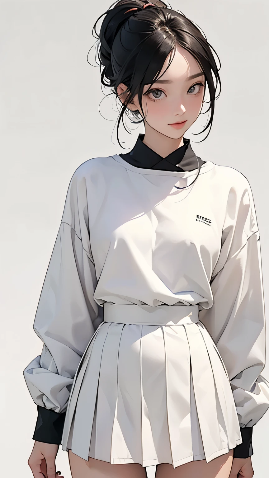 (1 person、Beautiful woman、)、(((whole bodyを見せる)))、(whole body、positive、natural standing posture、)、 (Detailed depiction of a beautiful face)、Smiling Kindly、Black Hair、semi-long、Put your hair up、Small breasts、Slim figure、 White long sleeve sailor suit、White Long Pleated Skirt、Sugar Loafer、(Simple Background)、(Plain background)、(Blank Background)、Blur the background、Sergeant&#39;watercolor style、(Highest quality、masterpiece、High resolution)、4K Anime Art、(Character Concept Art)、