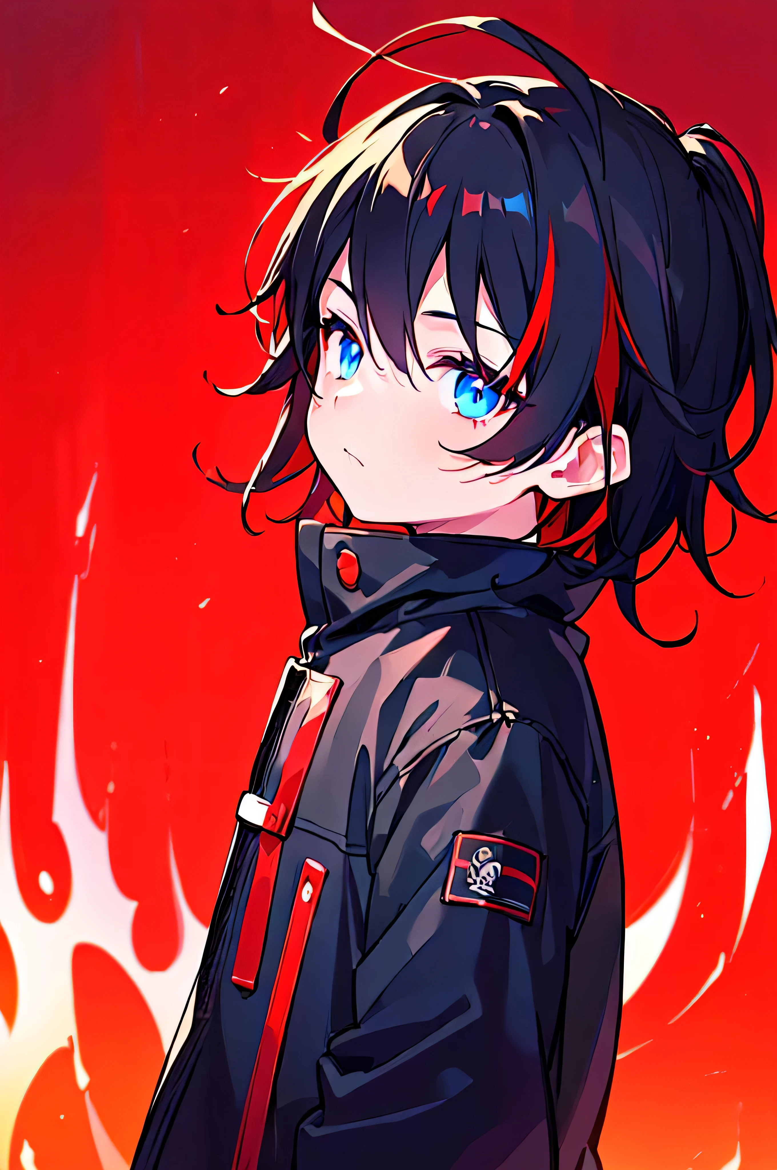[(RED BACKGROUND:1.5),::5], ((((masterpiece)))), high quality, ultra very high resolution, full color, (((solo))), (()), black hair, ((red streaked hair)), blue eyes, anime, ((upper body)), neon light, black parka, (flame effect:1.2), blood effect