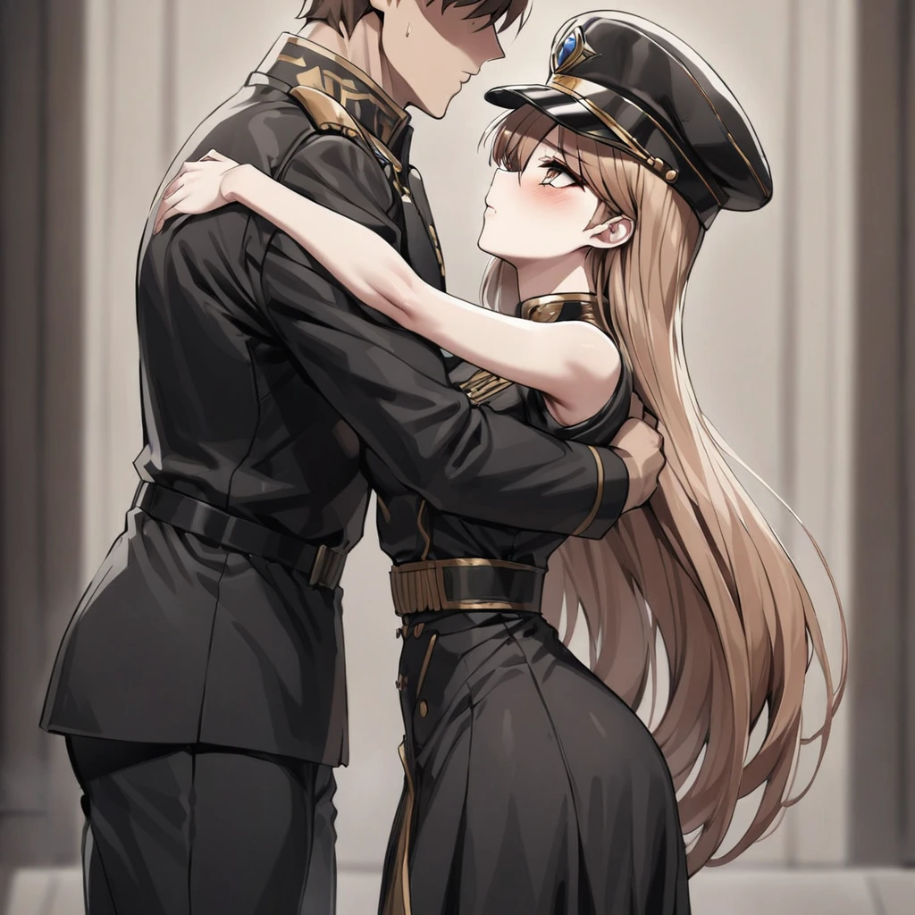 ((Highest quality)), ((masterpiece)), (detailed), （Perfect Face）、The woman is Princess Leona, with medium-long light brown hair. She is wearing a black military uniform and a military cap, and is standing upright with good posture while being hugged and kissed by a dignified male general.、Women are brainwashed, expressionless, and have no highlights in their eyes.