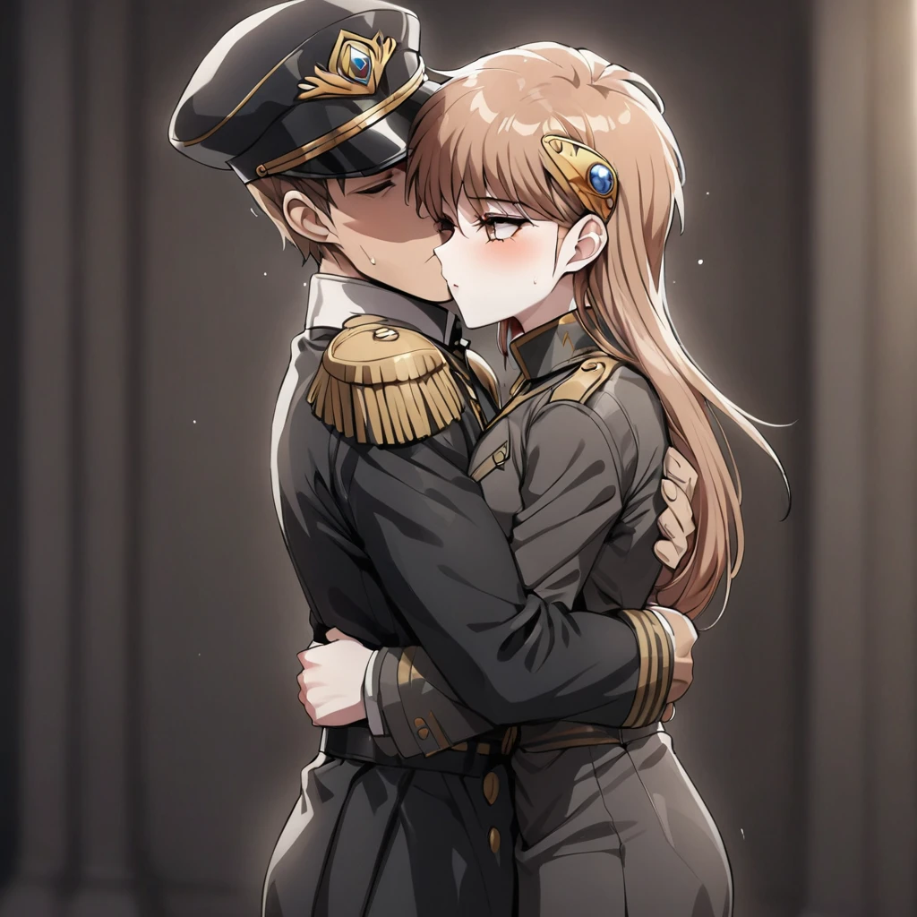 ((Highest quality)), ((masterpiece)), (detailed), (Perfect Face)、The woman is Princess Leona, with medium-long light brown hair. She is wearing a black military uniform and a military cap, and is standing upright with good posture while being hugged and kissed by a dignified male general.、Women are brainwashed, expressionless, and have no highlights in their eyes.